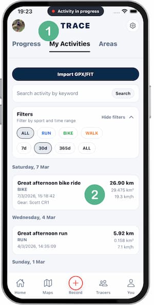 Activity detail with Export GPX button
