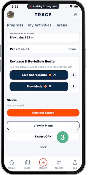 System share sheet after tapping Export GPX