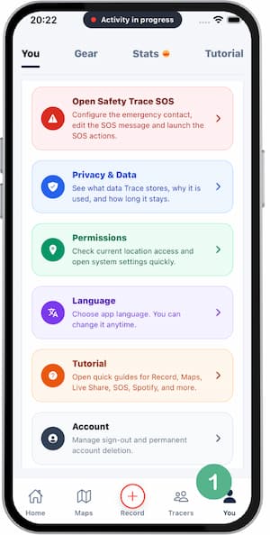 Settings/You screen with cards for general config, permissions, language, tutorial, and account