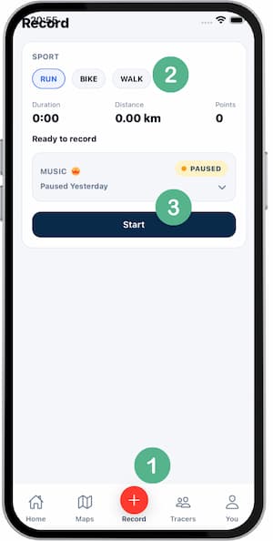 Record screen with Start button and sport selector