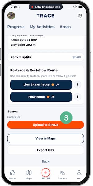 Upload to Strava button in a completed activity