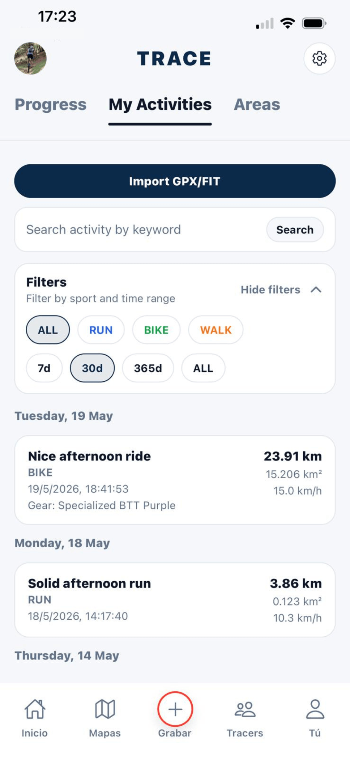 Trace activity list