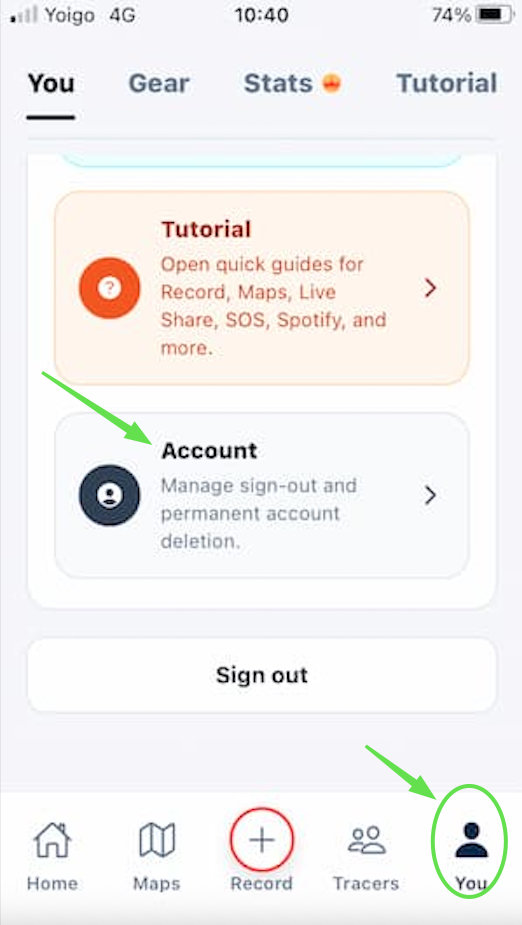 TraceArea app screen showing the account deletion option
