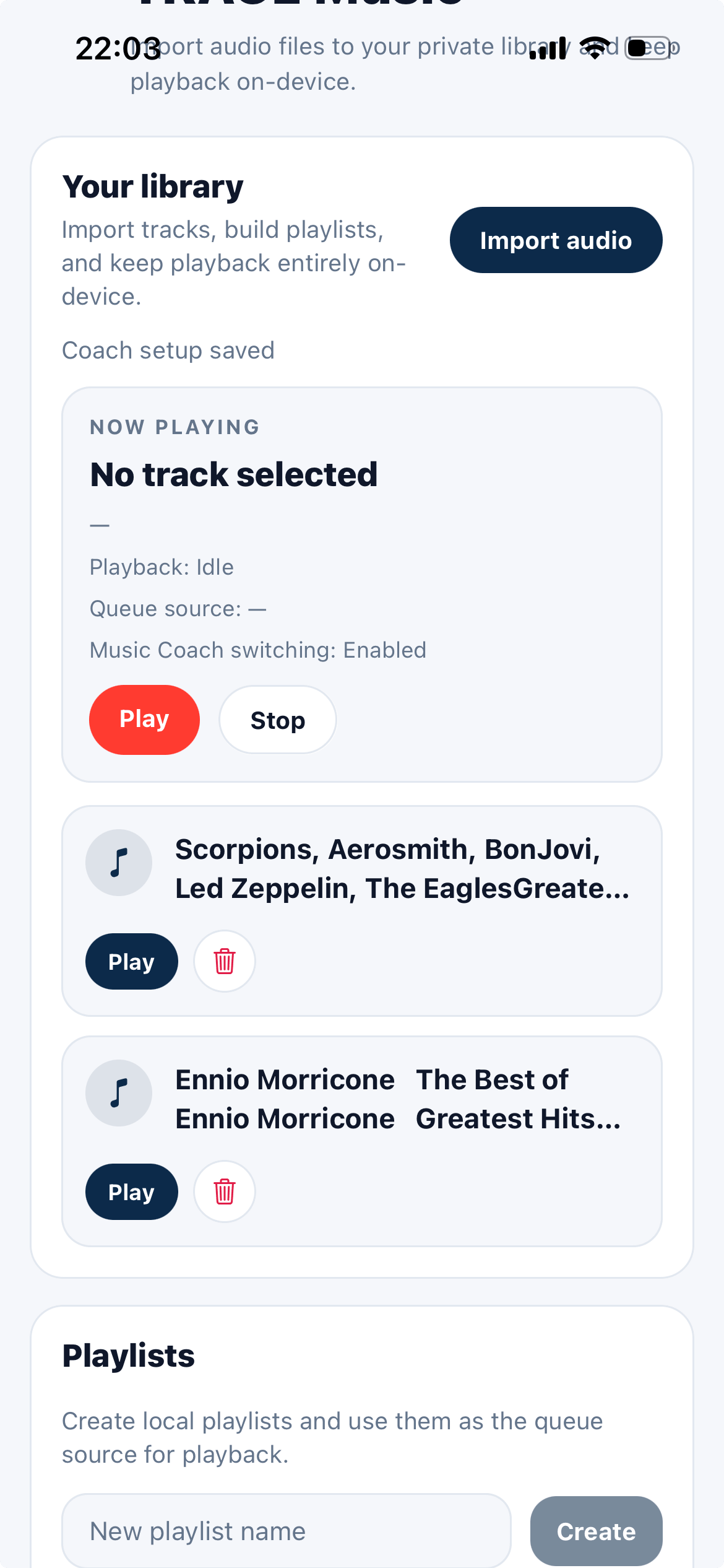 Trace local music and music coach screen