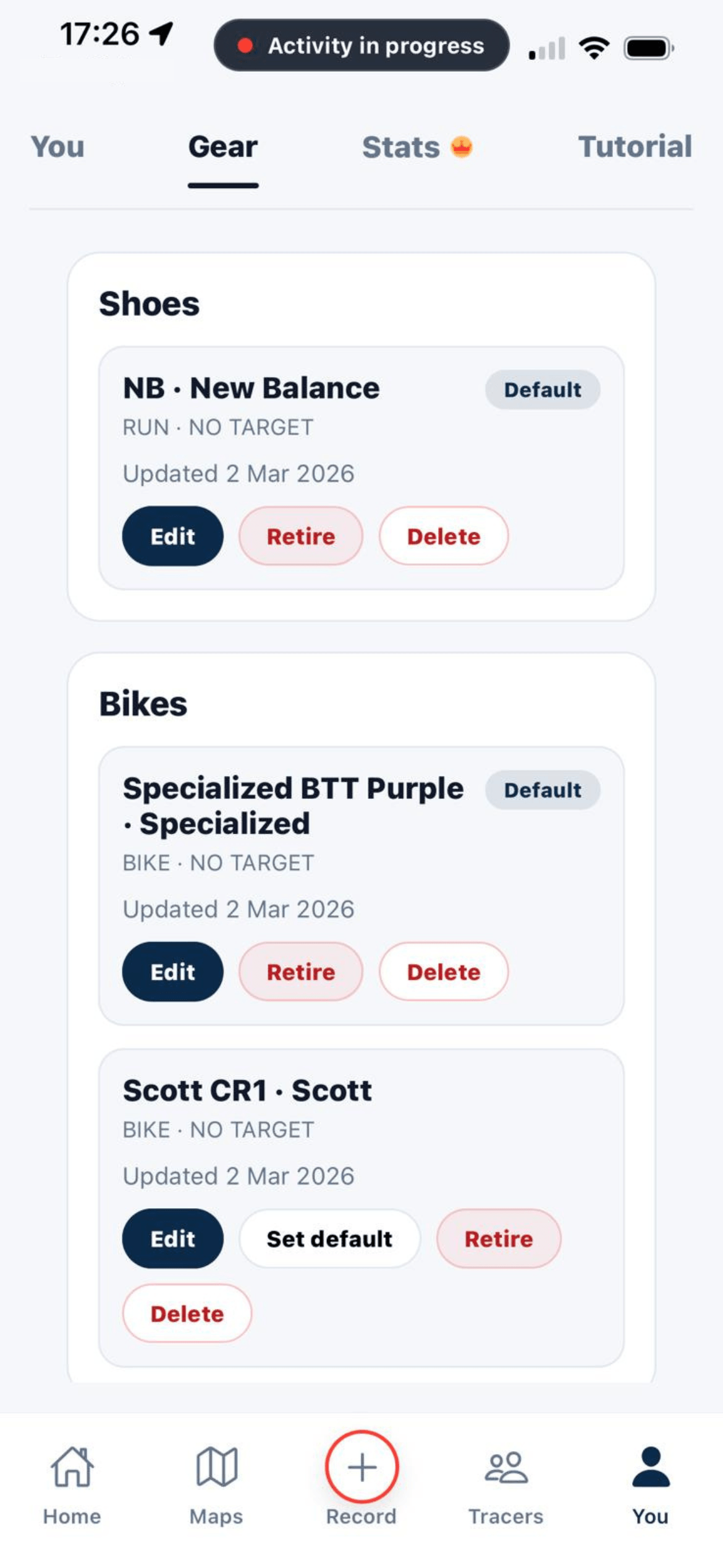 Gear management view in Trace
