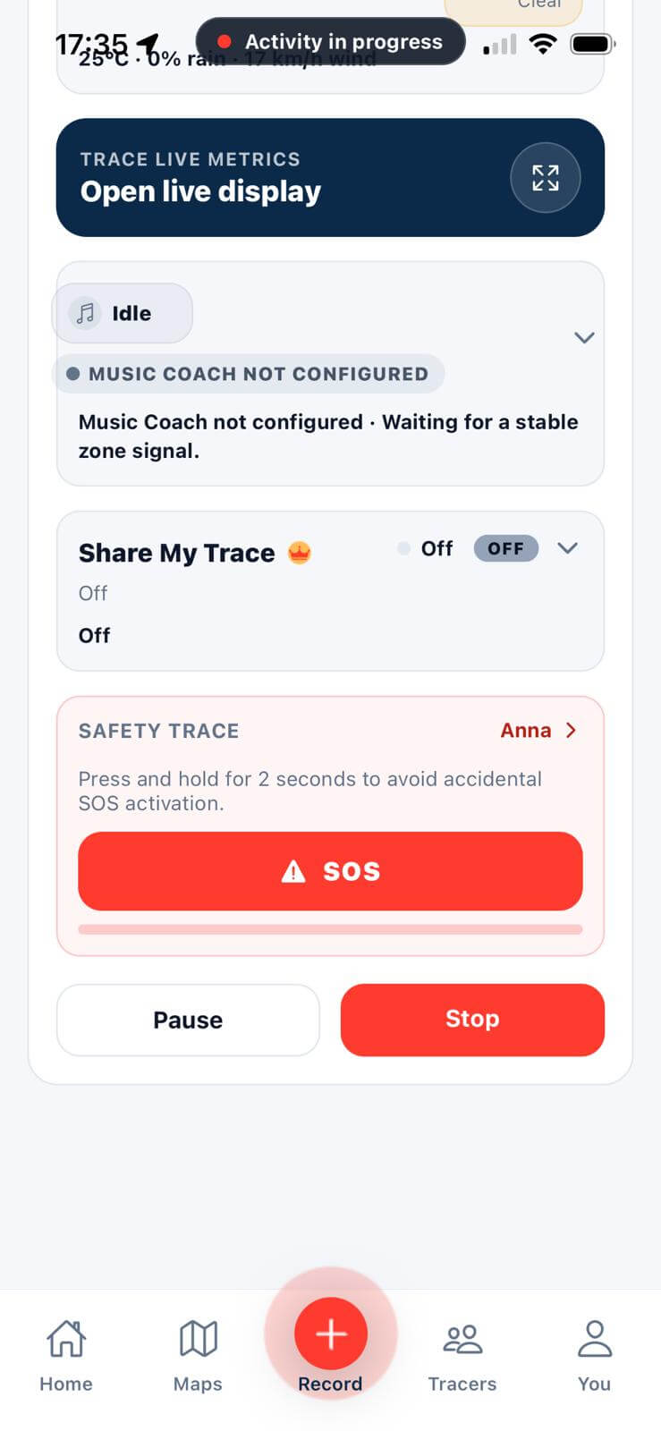 Safety Trace SOS controls